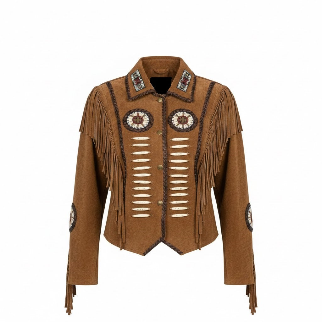 Tan western-style jacket with fringe and decorative elements on a white background