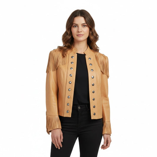 Woman wearing a tan leather jacket with fringe details on a white background