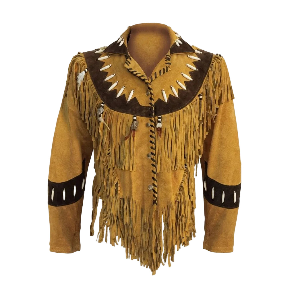 Tan yellow fringed Jacket with black accents on a white background