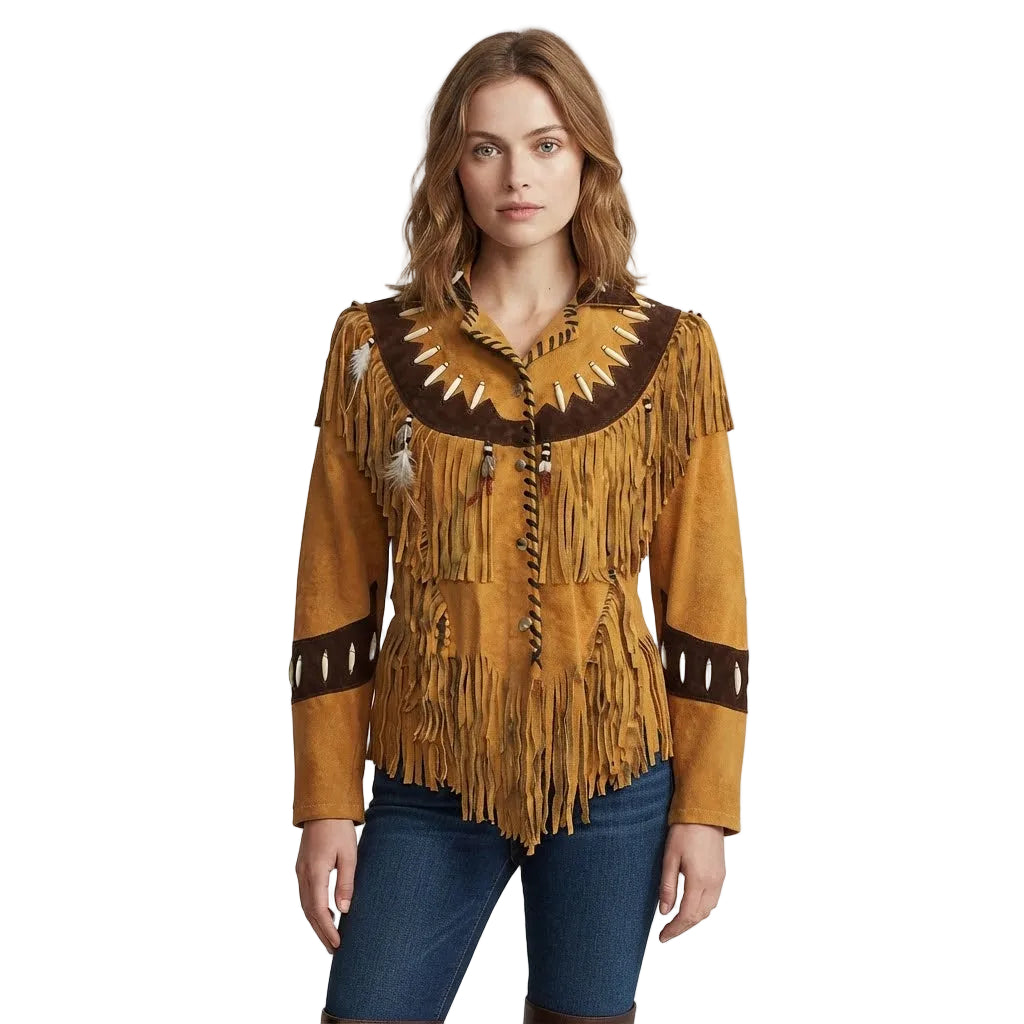 Woman wearing a Tan yellow fringed Jacket with black accents on a white background