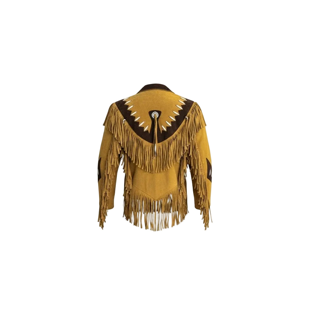 Tan yellow fringed Jacket with black accents on a white background