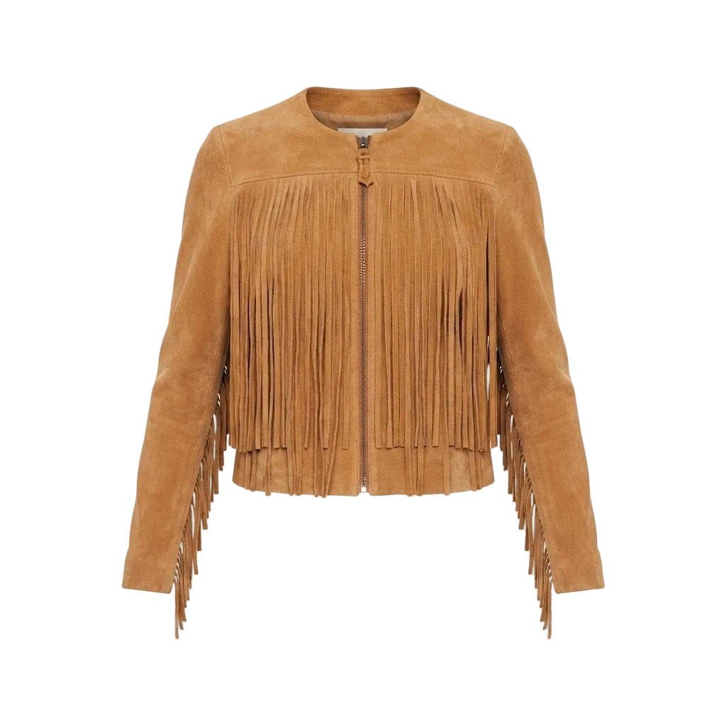 A TAN SUEDE LEATHER FRINGE JACKET ON WHITE BACKGROUND