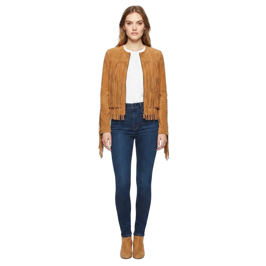 WOMAN WEAR A TAN SUEDE LEATHER FRINGE JACKET ON WHITE BACKGROUND