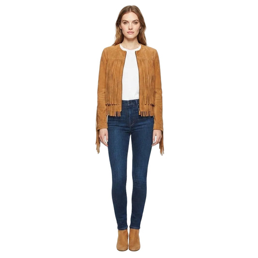 WOMAN WEAR A TAN SUEDE LEATHER FRINGE JACKET ON WHITE BACKGROUND