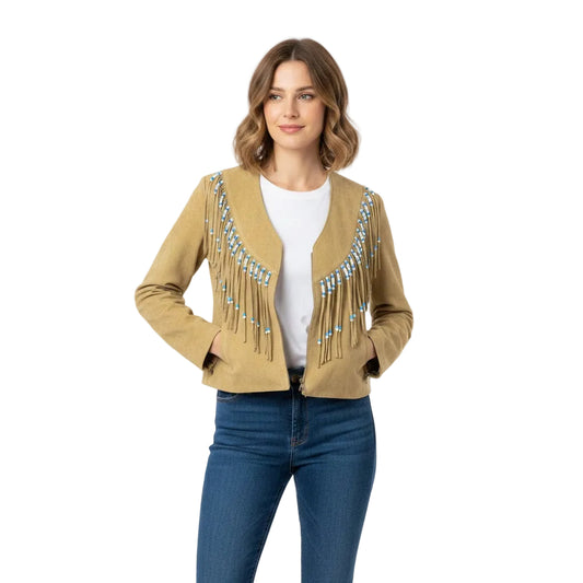 Woman wearing a Tan Jacket with fringe details on a white background