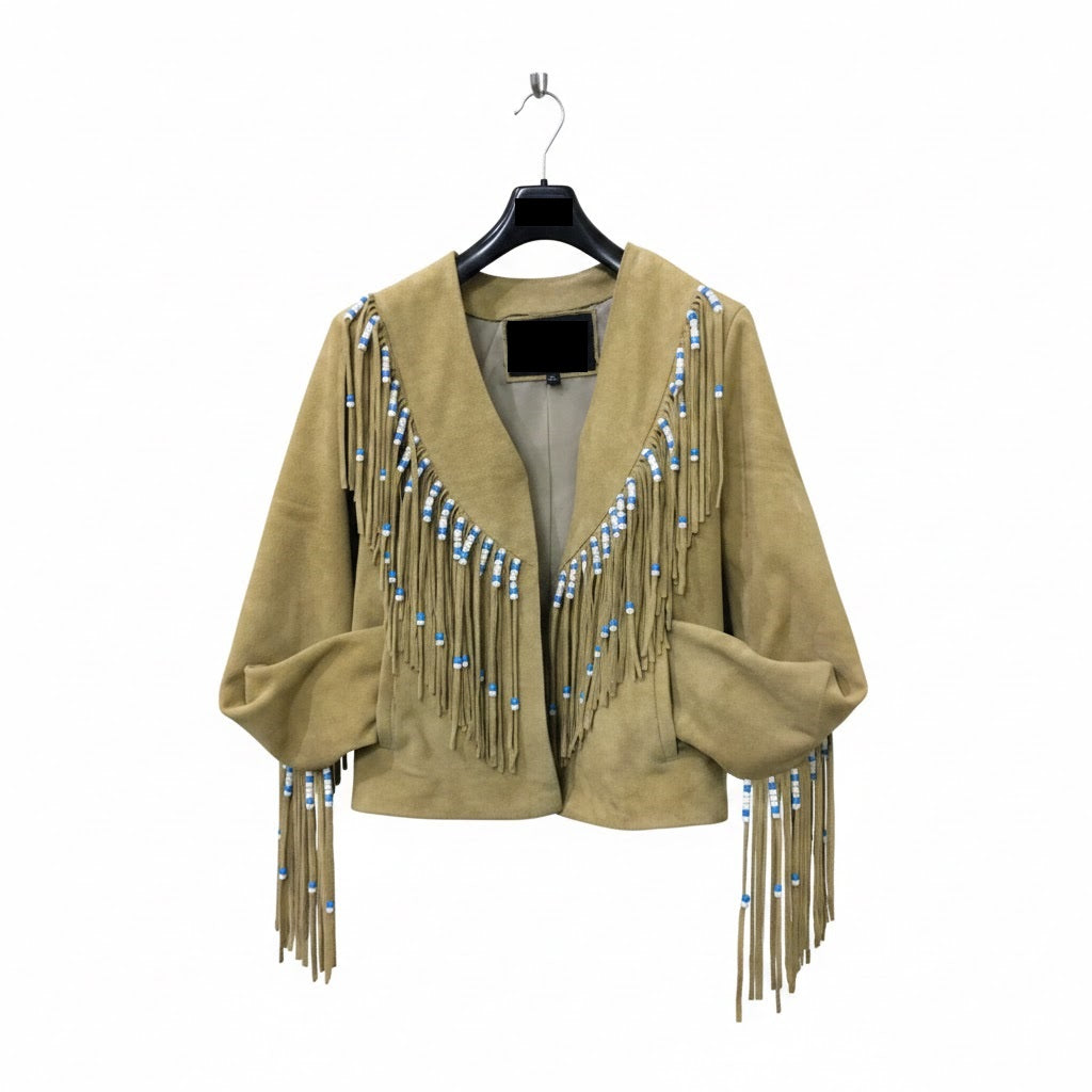 Tan suede jacket with fringe details on a hanger against a white background