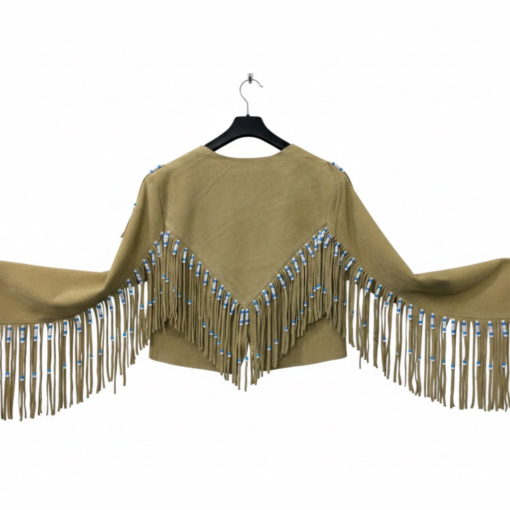 Tan fringe jacket on a hanger against a white background
