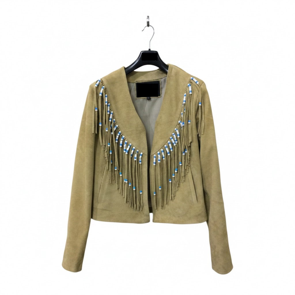 Tan suede jacket with fringe and bead details on a hanger against a white background