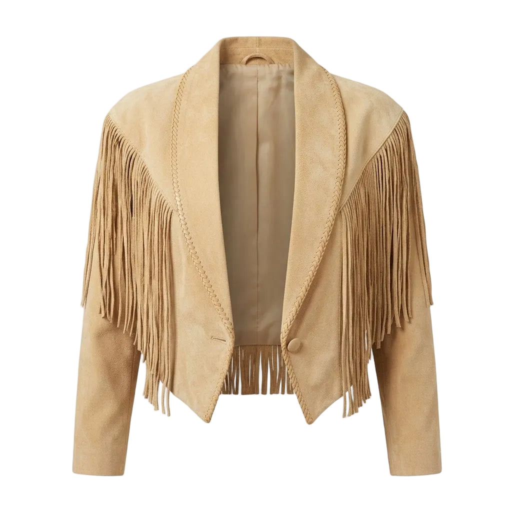Tan fringed jacket with a white background