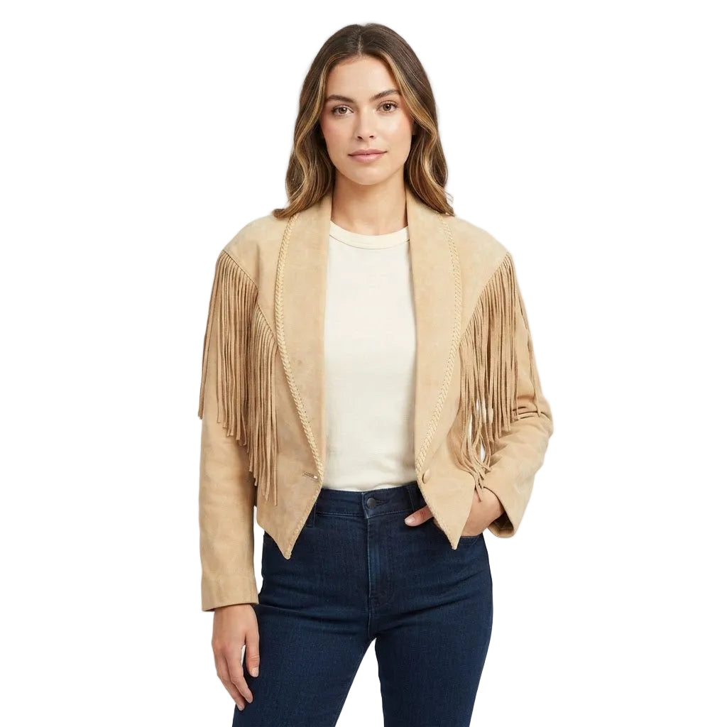 Woman wear a Tan fringed jacket with a white background