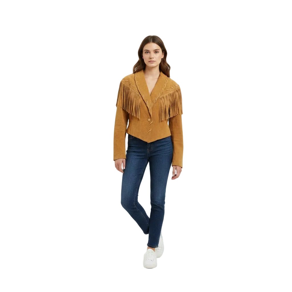 Woman wearing a Tan yellow fringed jacket and blue jeans on a white background