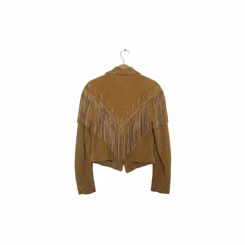 Tan jacket with fringe details on a white background