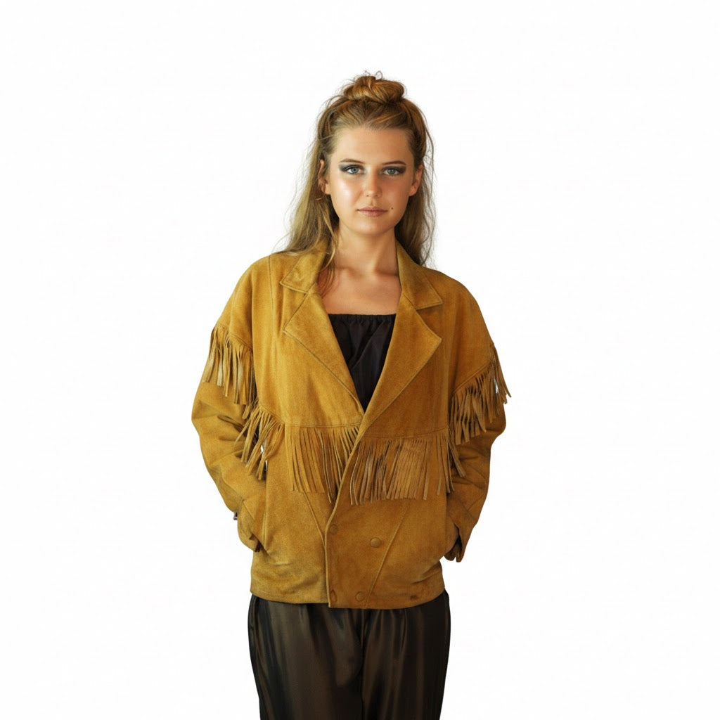 Woman wearing a Tan yellow suede jacket with fringe on a white background 