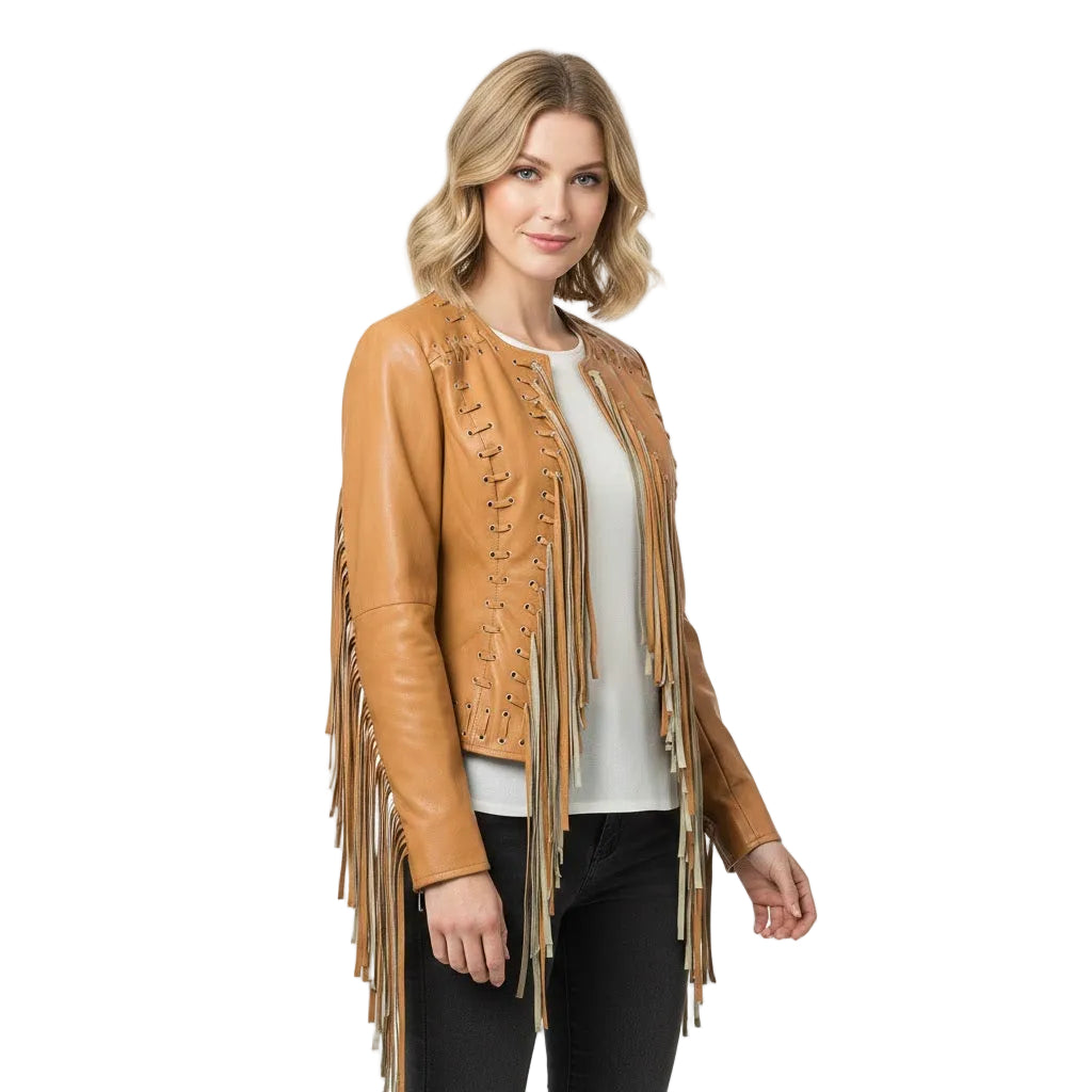 Tan Leather Fringe Jacket Wear a model on white background