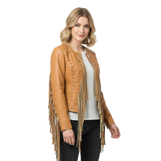 Tan Leather Fringe Jacket Wear a model on white background
