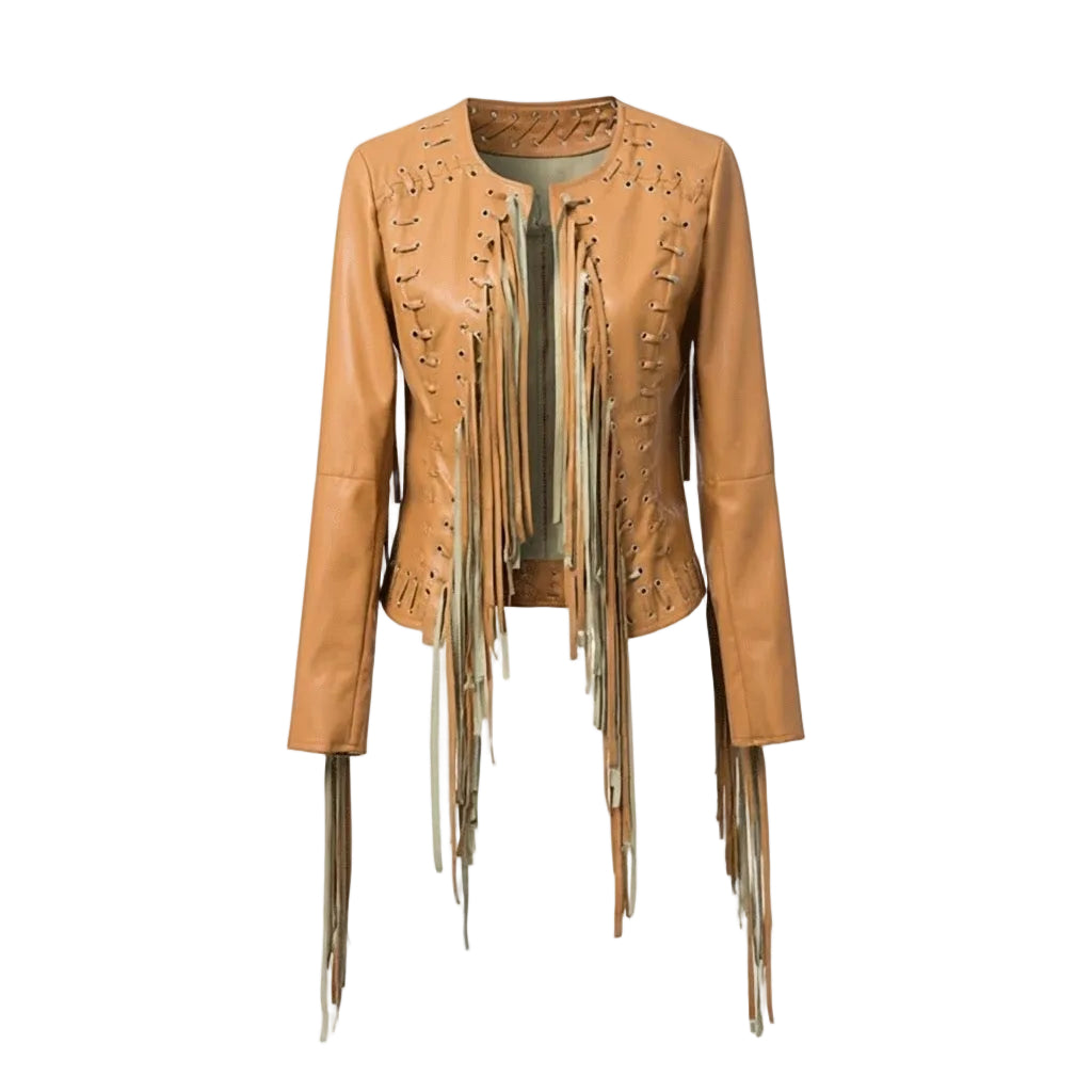 Tan Leather Fringe Jacket on white background