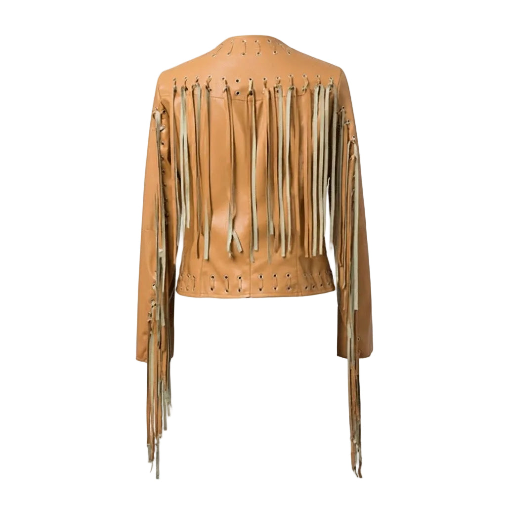 Tan Leather Fringe Jacket on white background