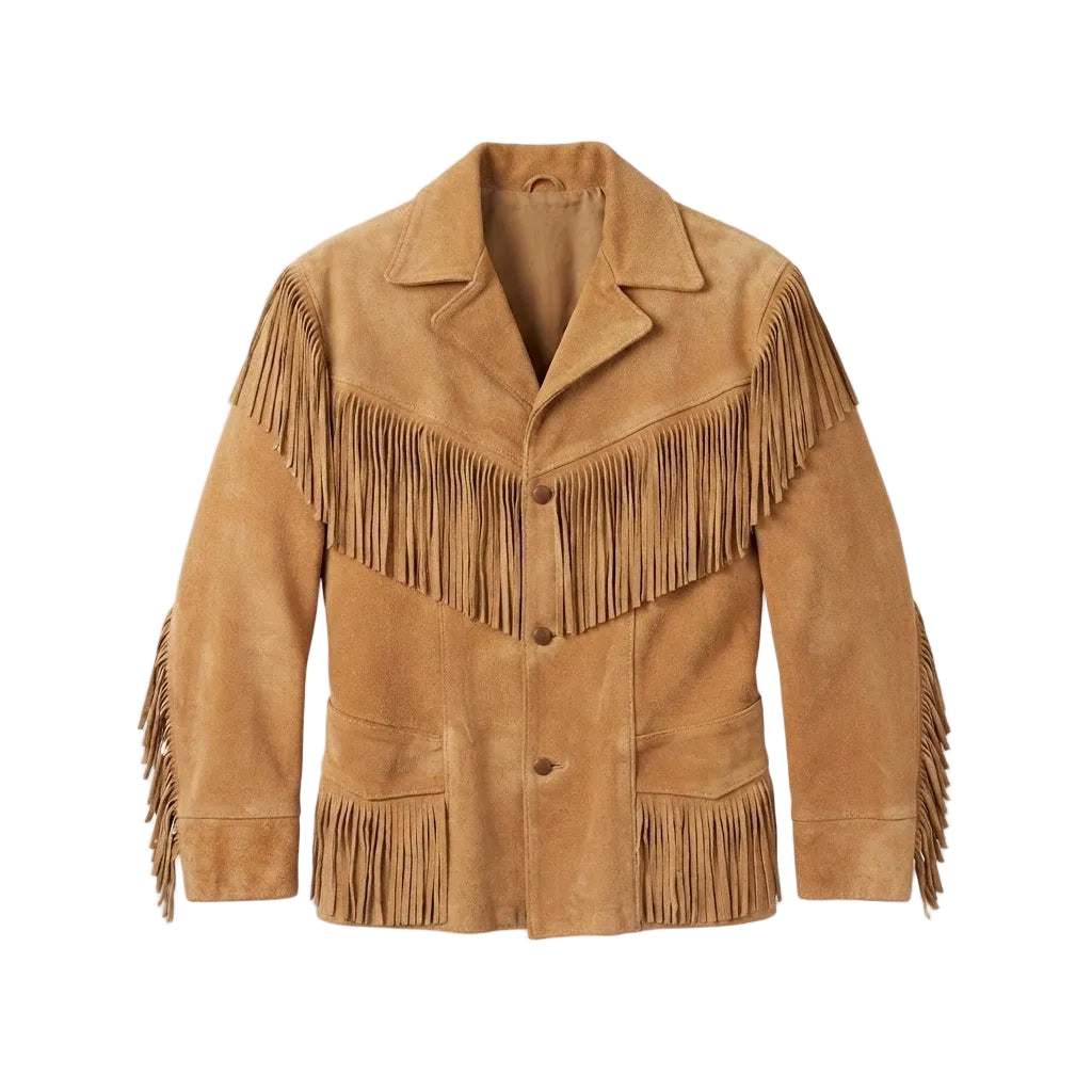 Tan fringed jacket a white background