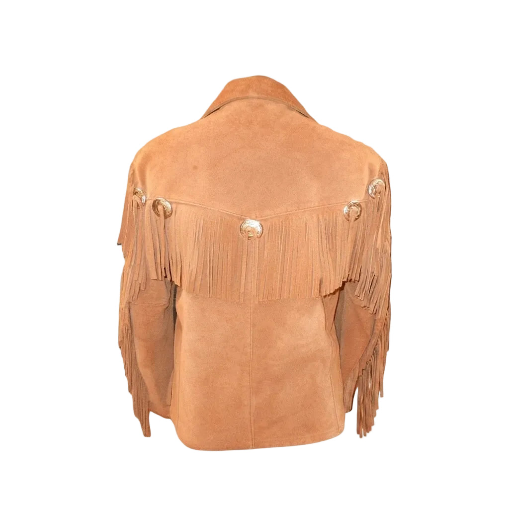 Tan fringed jacket a white background