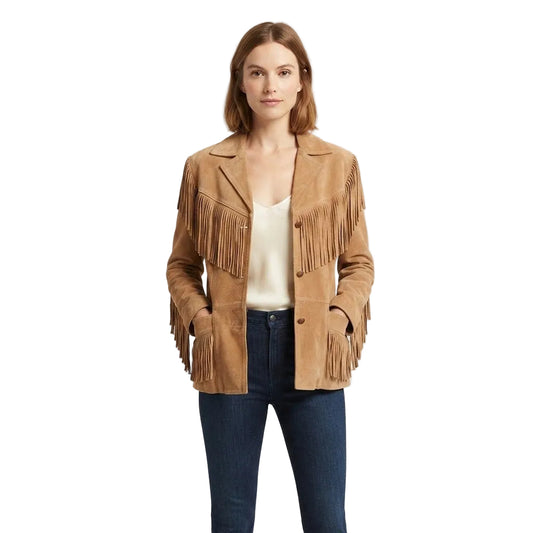 Woman wearing a Tan fringed jacket and pants on a white background