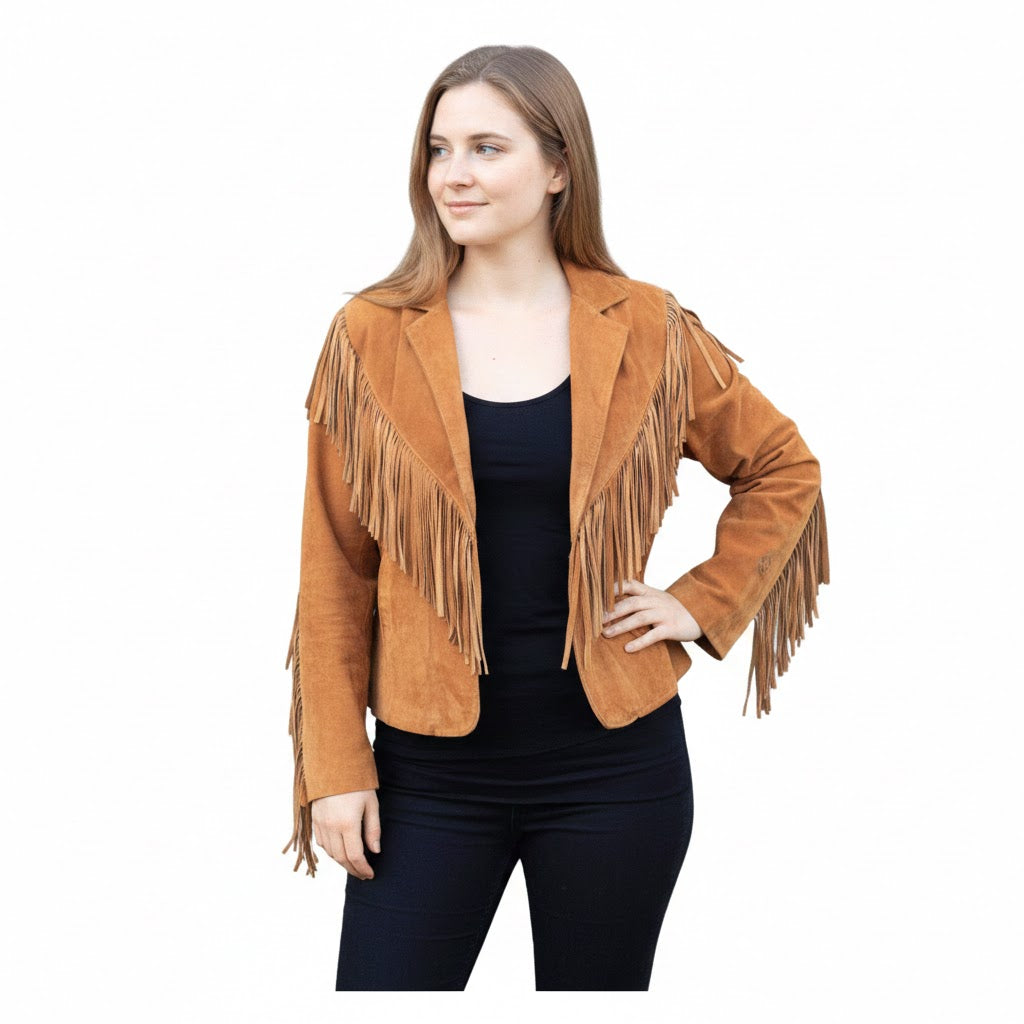 Woman wearing a Tan suede jacket with fringe on a white background