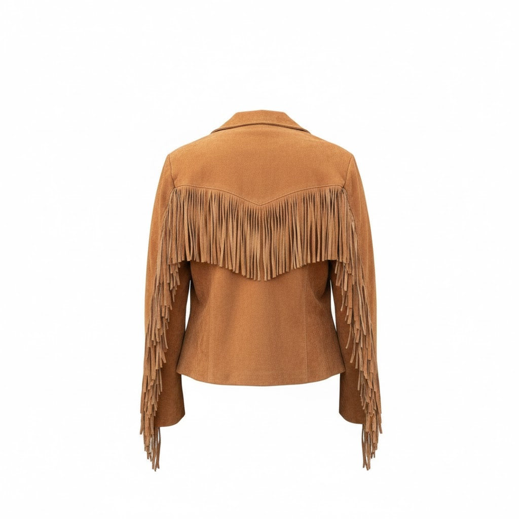 Tan suede jacket with fringe details on a white background
