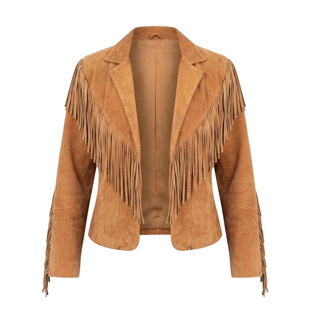 TAN SUEDE LEATHER JACKET ON WHITE BACKGROUND