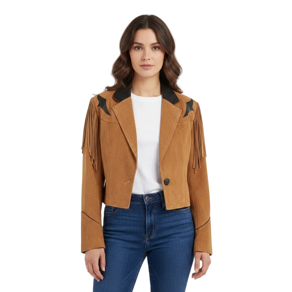 Woman wearing a Tan suede jacket with fringe details on a white background