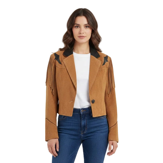 Woman wearing a Tan suede jacket with fringe details on a white background