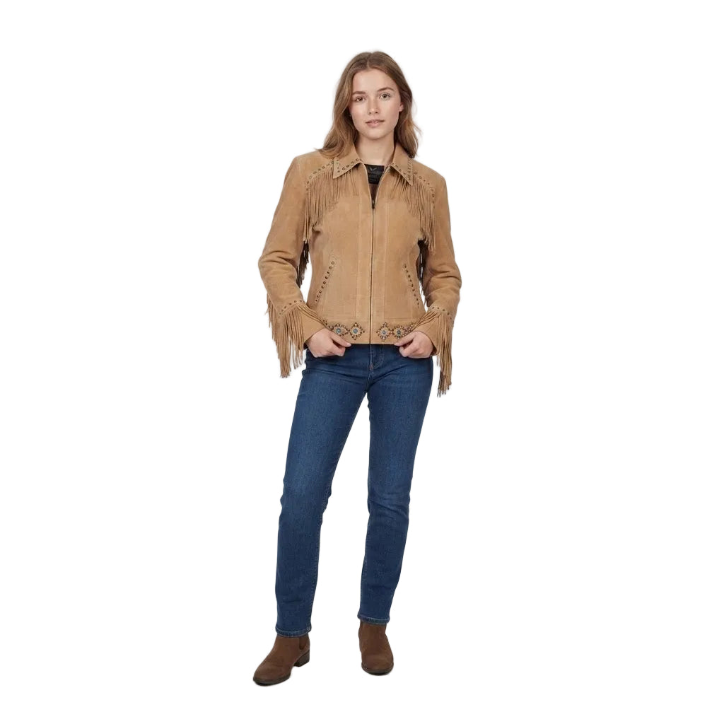 WOMAN WEAR A TAN SUEDE JACKET WITH FRINGES ON WHITE BACKGROUND
