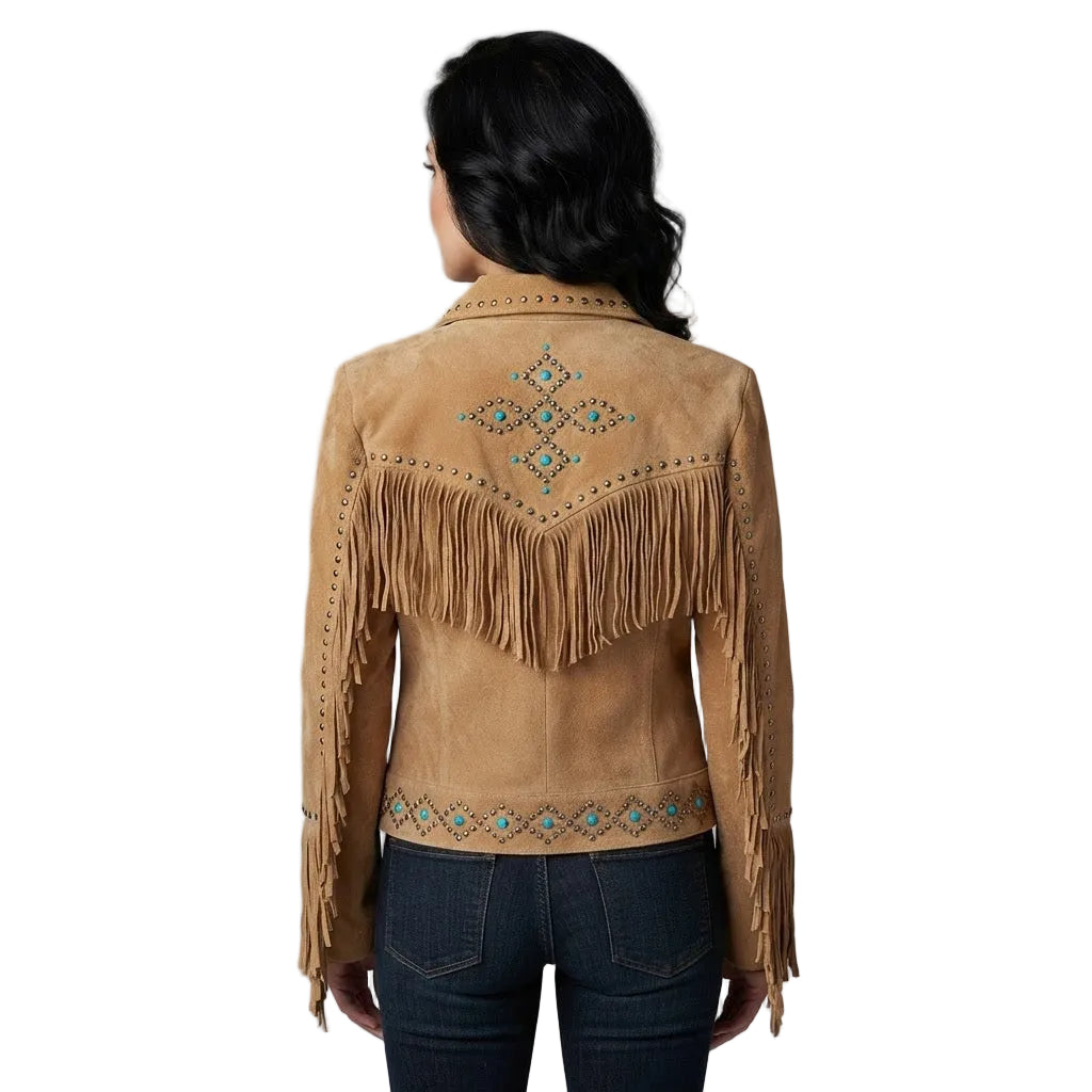 WOMAN WEAR A TAN SUEDE JACKET WITH FRINGES ON WHITE BACKGROUND