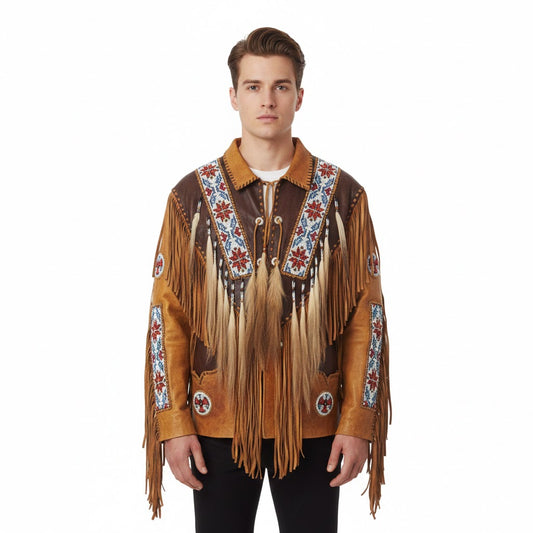 Man wearing a traditional fringed jacket with intricate designs on a white background