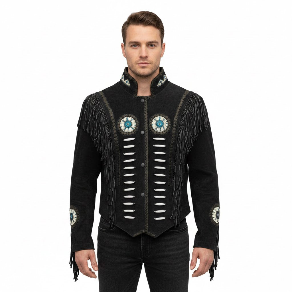Man wearing a black fringed jacket with decorative elements on a white background