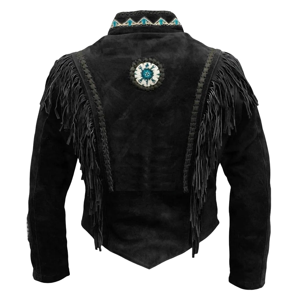Black suede fringe jacket shown from the back, featuring long black fringe draped over the shoulders, braided trim details, and a circular turquoise and white embroidered patch on the upper back.