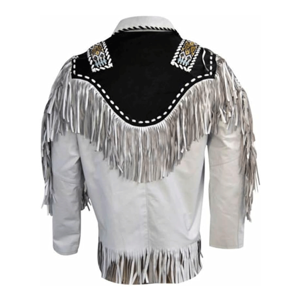 Western White Fringe Beaded Leather Jacket LWJ601