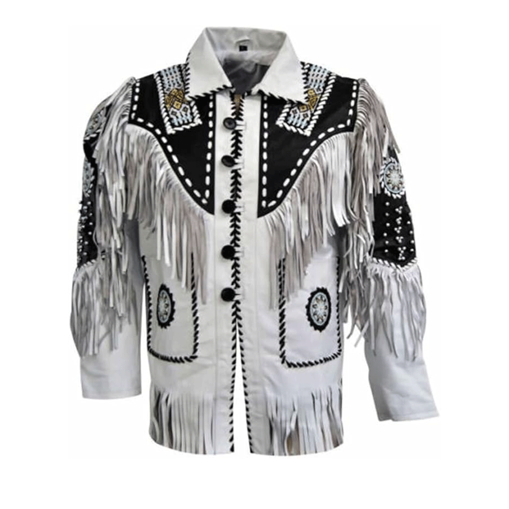 Western White Fringe Beaded Leather Jacket LWJ601