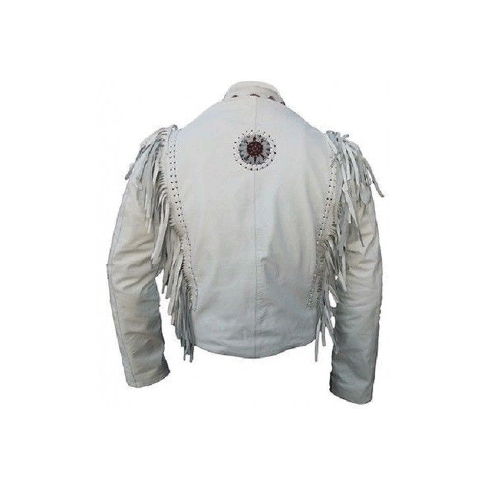 Western White Leather Fringe Bone Beaded Leather Jacket LWJ609