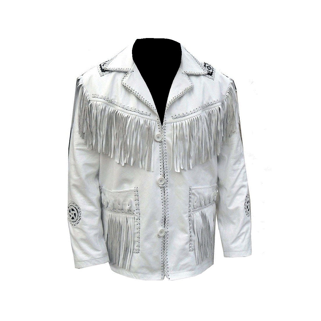White Leather Fringe Beaded Jacket For Men