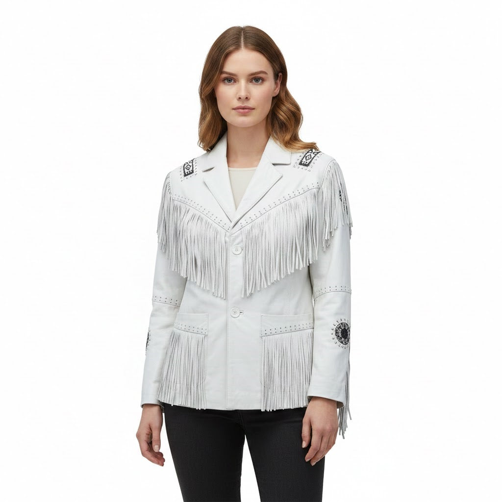 Woman wearing a white fringed jacket on a white background