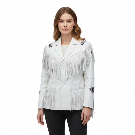 Woman wearing a white fringed jacket on a white background