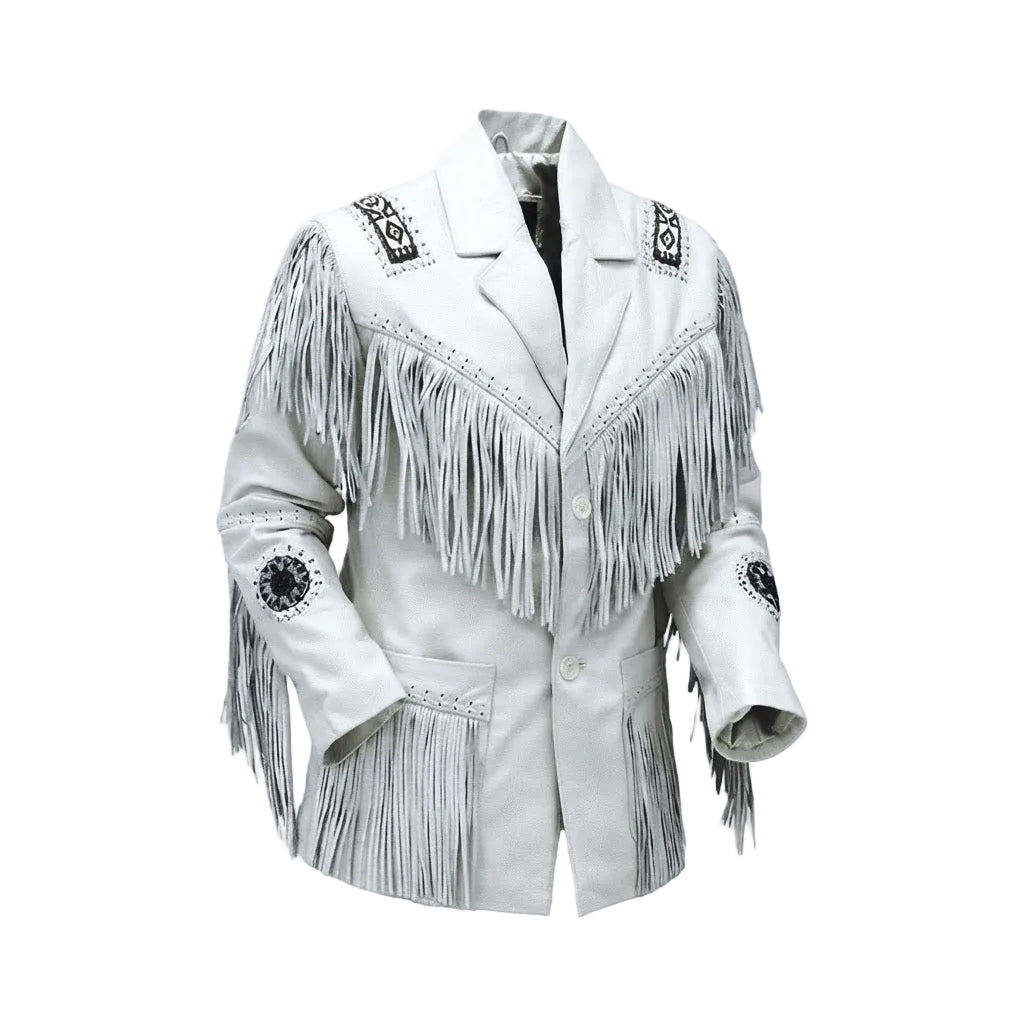 white leather jacket with fringes and bead work on a white background