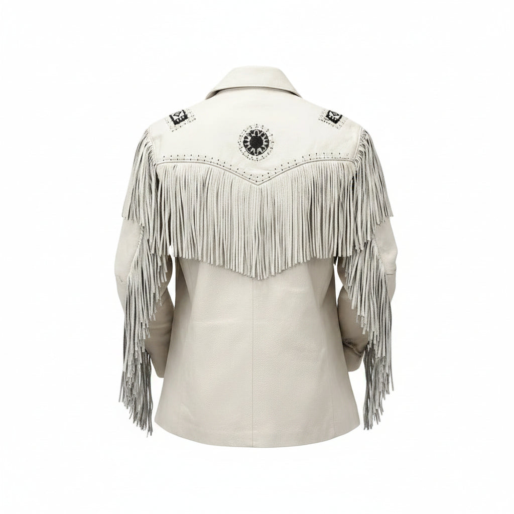 white leather jacket with fringes and bead work on a white background