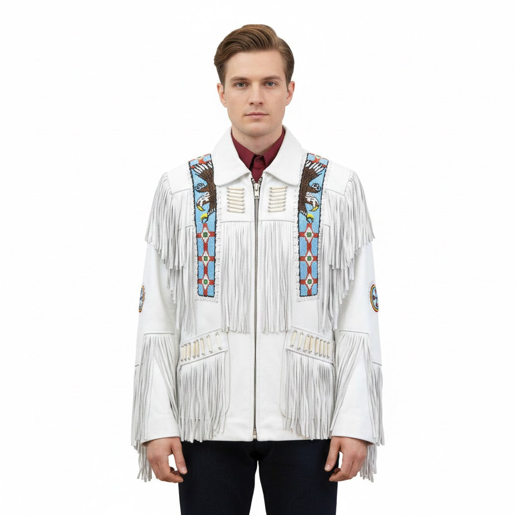 Man wearing a white fringed jacket with colorful patterns on a white background
