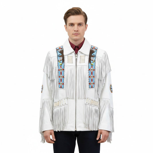 Man wearing a white fringed jacket with colorful patterns on a white background