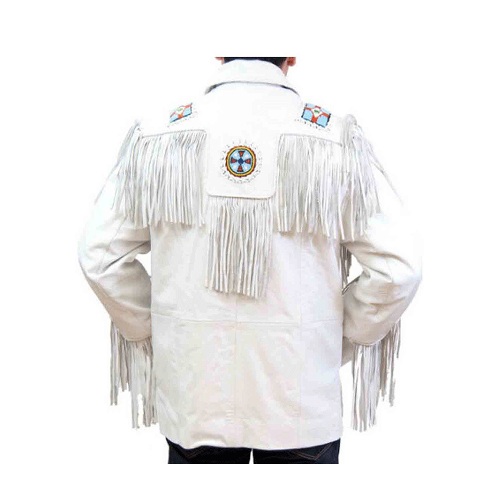 Western White Leather Fringe Eagle Beaded Jacket LWJ603