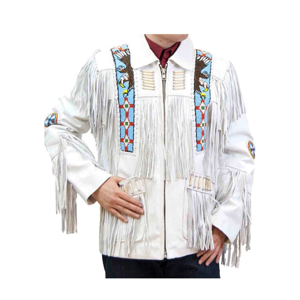 Western White Fringe Eagle Beaded Leather Jacket Cowboy Jacket LWJ603