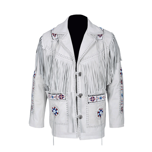 Western White Leather Fringe Beaded Leather Jacket LWJ608