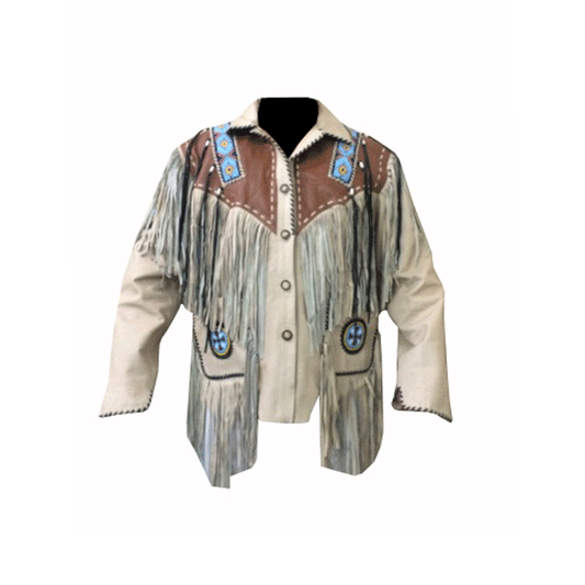Western Fringe Beaded Beige Leather Jacket Cowboy Jacket LWJ5050