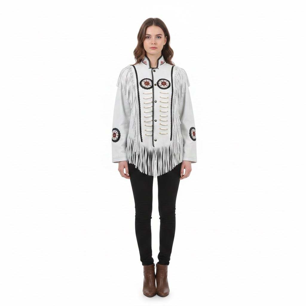 Woman wearing a white fringed jacket with decorative elements on a white background