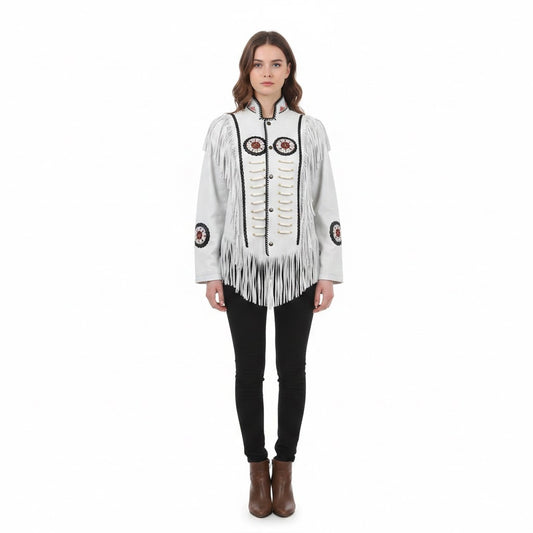 Woman wearing a white fringed jacket with decorative elements on a white background